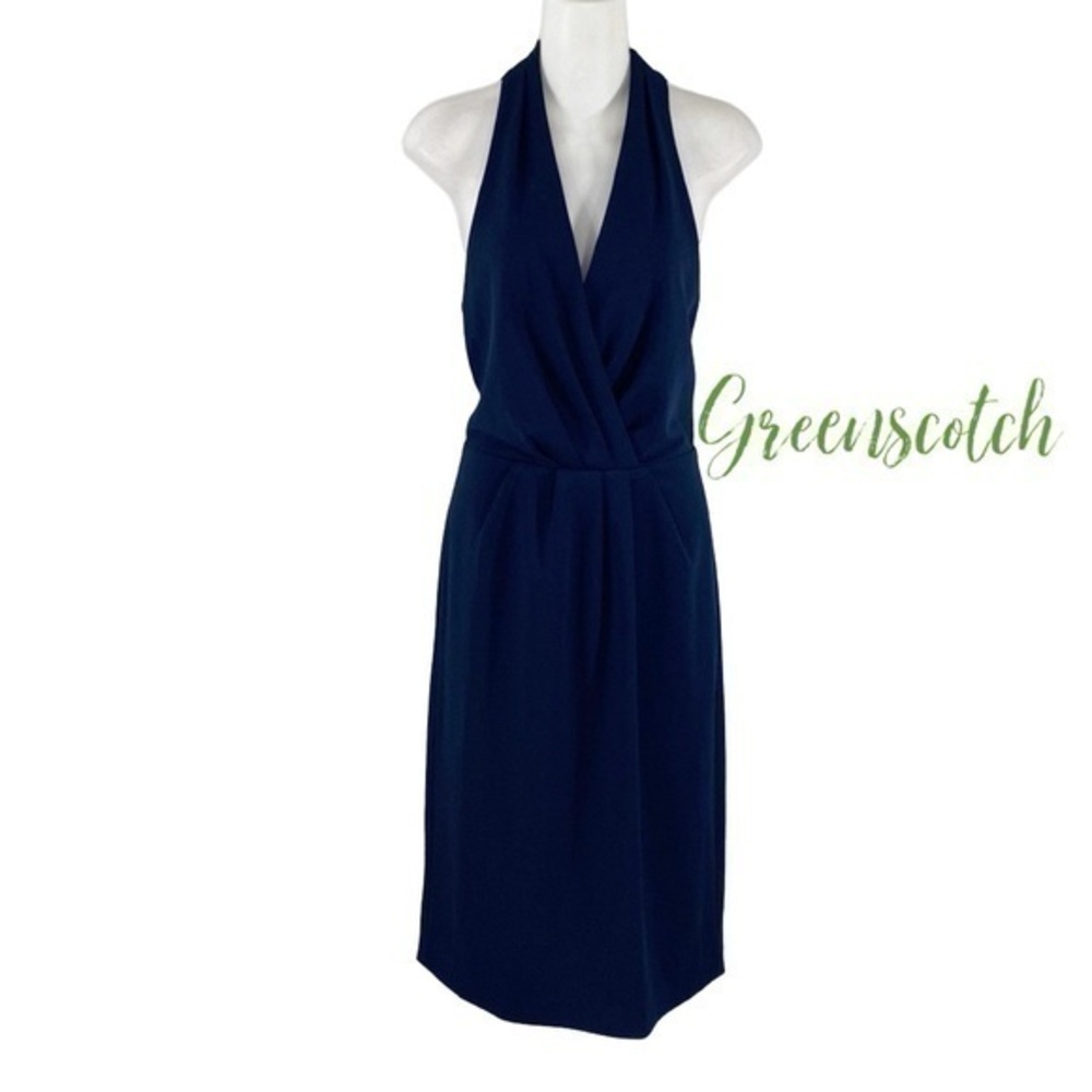 Antonio Melani navy blue pleated v-neck sleeveless dress 12 C.C14